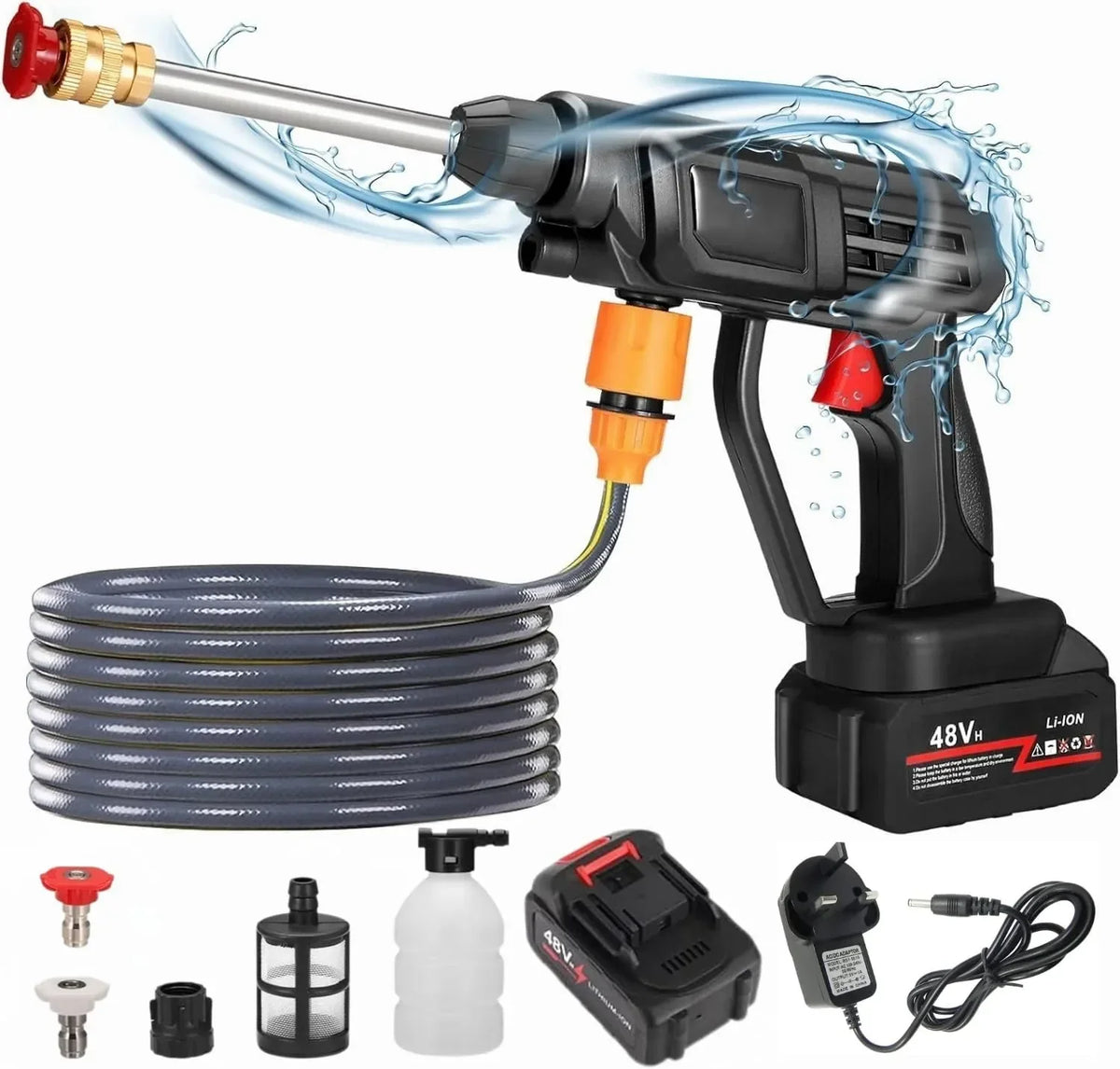 Power washer with hose, nozzles, and accessories on a white background